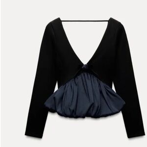 Zara Black Long Sleeve V-Neck Top with Navy Peplum